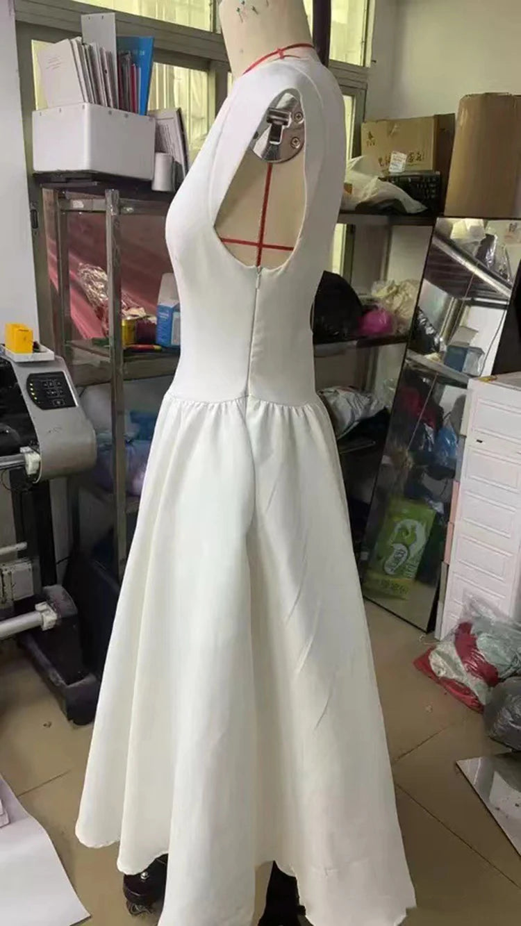 White Backless A-line Sexy Maxi Dress For Women Gown Solid Hollow Out Sleeveless High Waist Club Pleated Dress Elegant