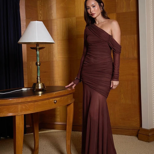 Load image into Gallery viewer, Oblique Shoulder Long Sleeve Sexy Maxi Dress For Women Fashion Mesh Backless Bodycon Ruched Club Evening Long Dress
