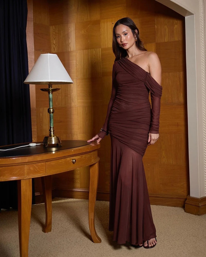 Oblique Shoulder Long Sleeve Sexy Maxi Dress For Women Fashion Mesh Backless Bodycon Ruched Club Evening Long Dress