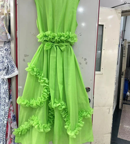 Solid Spliced Ruffles Loose Dresses For Women O Neck Sleeveless High Waist Temperament Long Dress Female Fashion