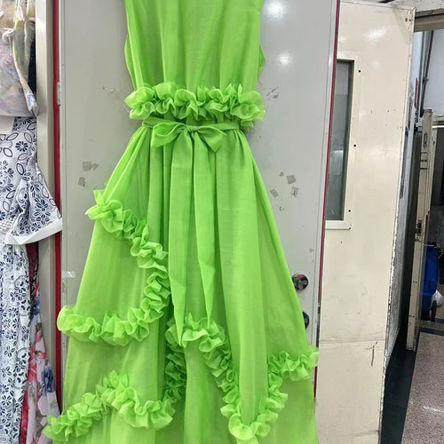 Load image into Gallery viewer, Solid Spliced Ruffles Loose Dresses For Women O Neck Sleeveless High Waist Temperament Long Dress Female Fashion
