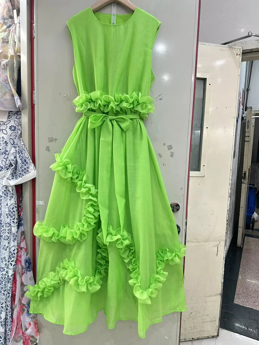 Solid Spliced Ruffles Loose Dresses For Women O Neck Sleeveless High Waist Temperament Long Dress Female Fashion