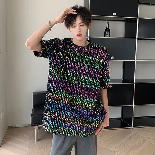 Load image into Gallery viewer, Men&#39;s T-shirt Short Sleeve Sequin Niche Design Stage Round Neck Summer Loose Male Top Pullover Temperament 9C5769
