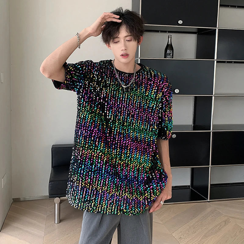 Men's T-shirt Short Sleeve Sequin Niche Design Stage Round Neck Summer Loose Male Top Pullover Temperament 9C5769