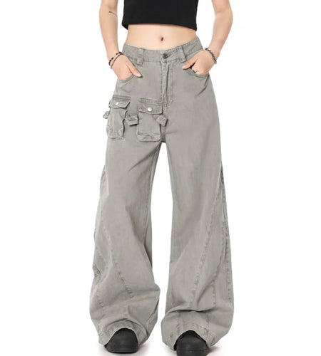 Men's Cargo Pants New American Style Micro Flared Trendy Splicing Stylish Multi Pockets Design Male Casual Trousers 9W193