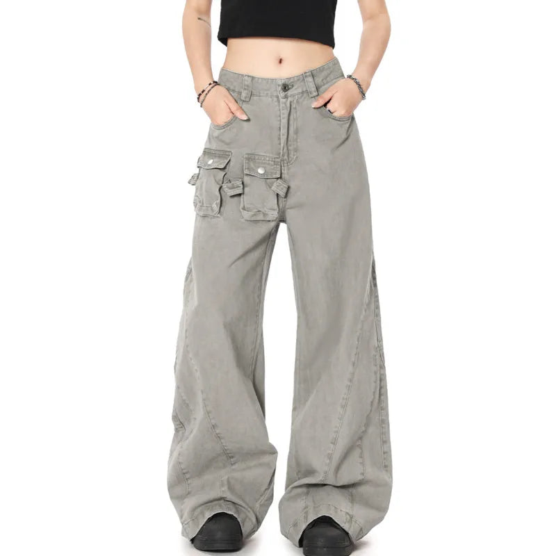 Men's Cargo Pants New American Style Micro Flared Trendy Splicing Stylish Multi Pockets Design Male Casual Trousers 9W193