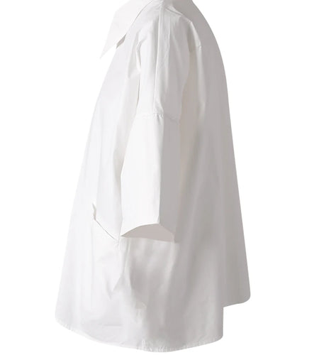Women White Irregular Hem Pocket Big Size Blouse New Lapel Half Sleeve Shirt Fashion Tide Spring Summer 2025 CPG3166