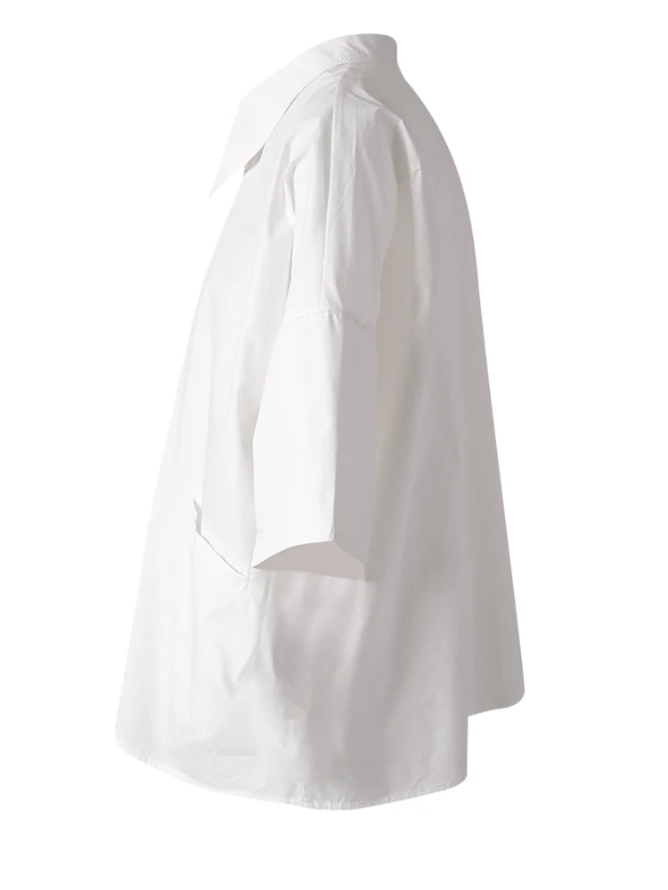 Women White Irregular Hem Pocket Big Size Blouse New Lapel Half Sleeve Shirt Fashion Tide Spring Summer 2025 CPG3166