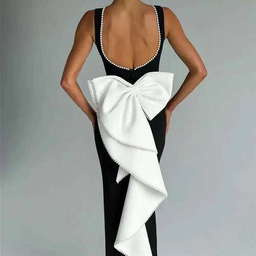 Load image into Gallery viewer, Elegant Pearl Bow Backless Sexy Maxi Dress Women Gown Fashion Sleeveless High Waist A-line Club Party Long Dress
