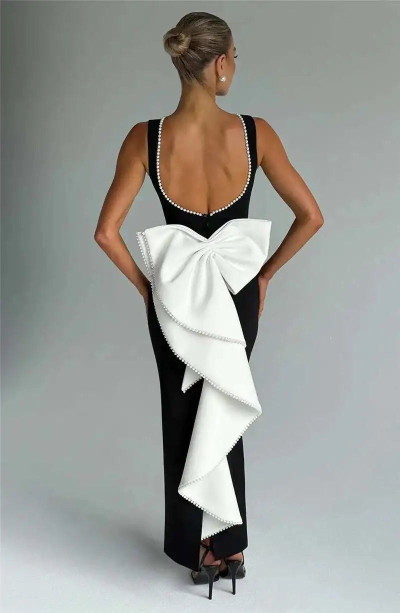 Elegant Pearl Bow Backless Sexy Maxi Dress Women Gown Fashion Sleeveless High Waist A-line Club Party Long Dress