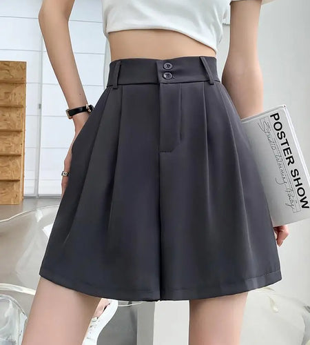 Summer Fashion Black Gray Casual Loose Wide Leg A-line Shorts Women Brown High Waist Elegant Lady Pleated Short Pants