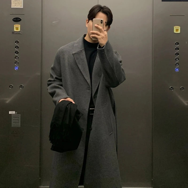 Winter Fashion Men's Trench Solid Color Tops Casual Single Breasted Korean Overknee Male Woolen Coats Trend 2024 9C7825