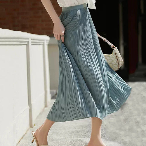 Load image into Gallery viewer, Frenchy Solid High Waist Pleated Skirt Women Elastic Waist Fashionable All-match A-Line Midi Skirt Female C-082
