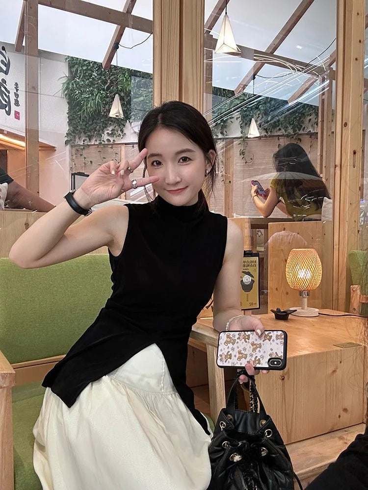 Harajuku Half Height Split Tee Shirts Women Y2k Aesthetic Solid Vintage Sleeveless T-Shirt Streetwear Casual Grunge Crop Tops