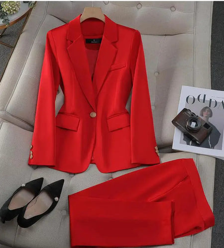 Autumn Winter Two Pieces Suit Women Solid Business Work Single Button Long Sleeves Blazer Coat + High Waist Ankle-length Pant