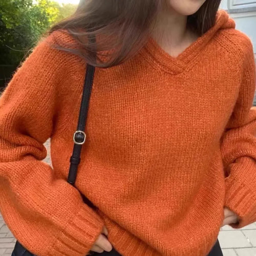 Load image into Gallery viewer, Korean Fashion Women Beige Blue Elegant Loose Knitted Short Sweater Autumn Winter Orange Long Sleeve Hooded Pullover Tops Casual
