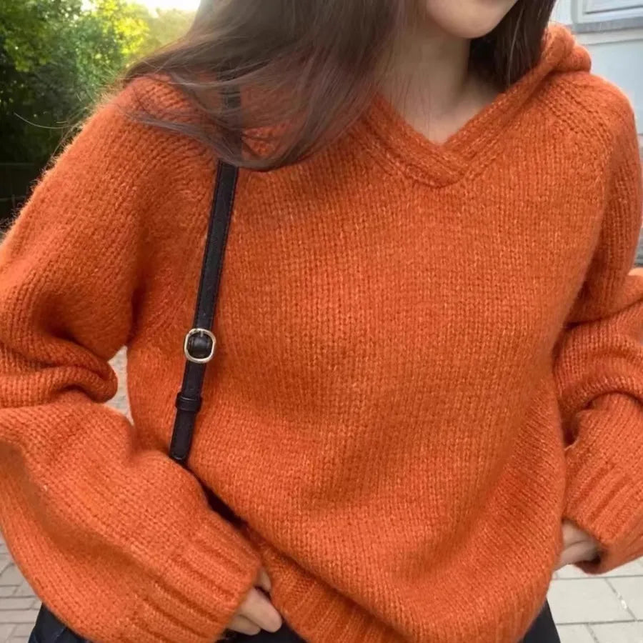Korean Fashion Women Beige Blue Elegant Loose Knitted Short Sweater Autumn Winter Orange Long Sleeve Hooded Pullover Tops Casual
