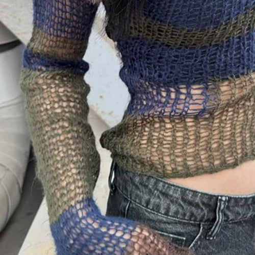 Load image into Gallery viewer, Gothic Hollow Out Knitted Sweater Women See Through Y2k Aesthetic Tops Contrast Color Stripe Pullover Grunge Streetwear Capes
