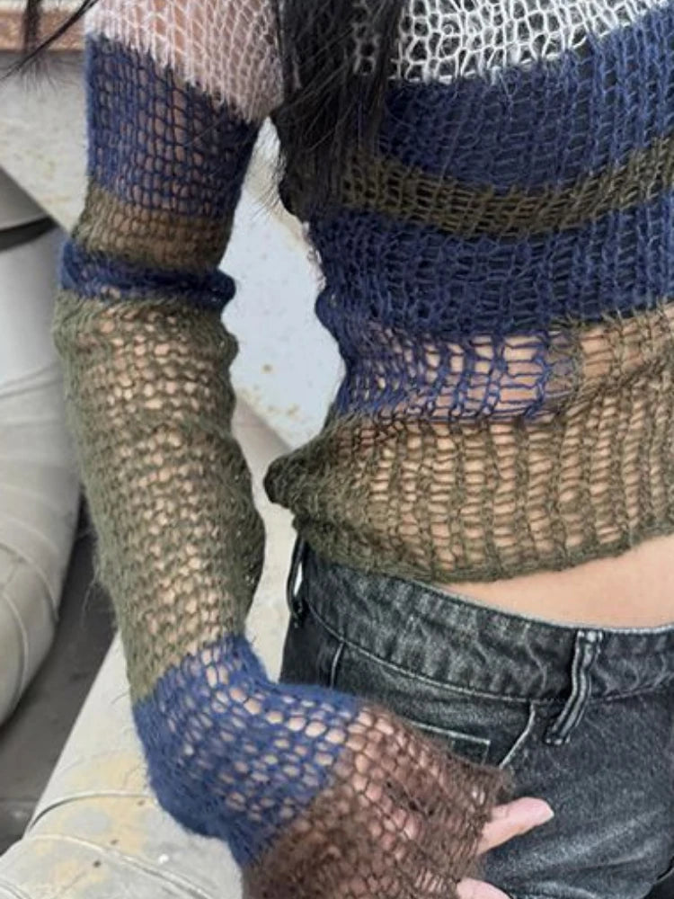 Gothic Hollow Out Knitted Sweater Women See Through Y2k Aesthetic Tops Contrast Color Stripe Pullover Grunge Streetwear Capes