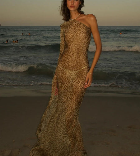 One Shoulder Leopard Print Maxi Dress Women Inclined Shoulder Backless Beach Holiday Vacation Club Sexy Long Dress