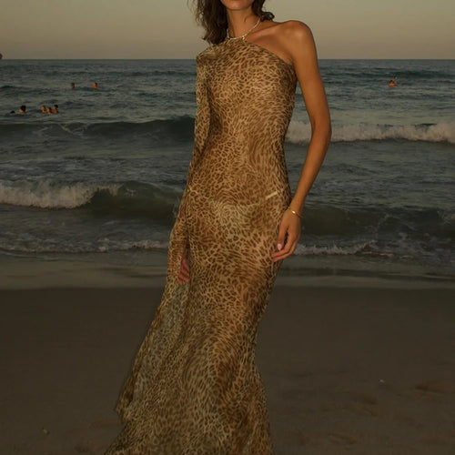 Load image into Gallery viewer, One Shoulder Leopard Print Maxi Dress Women Inclined Shoulder Backless Beach Holiday Vacation Club Sexy Long Dress
