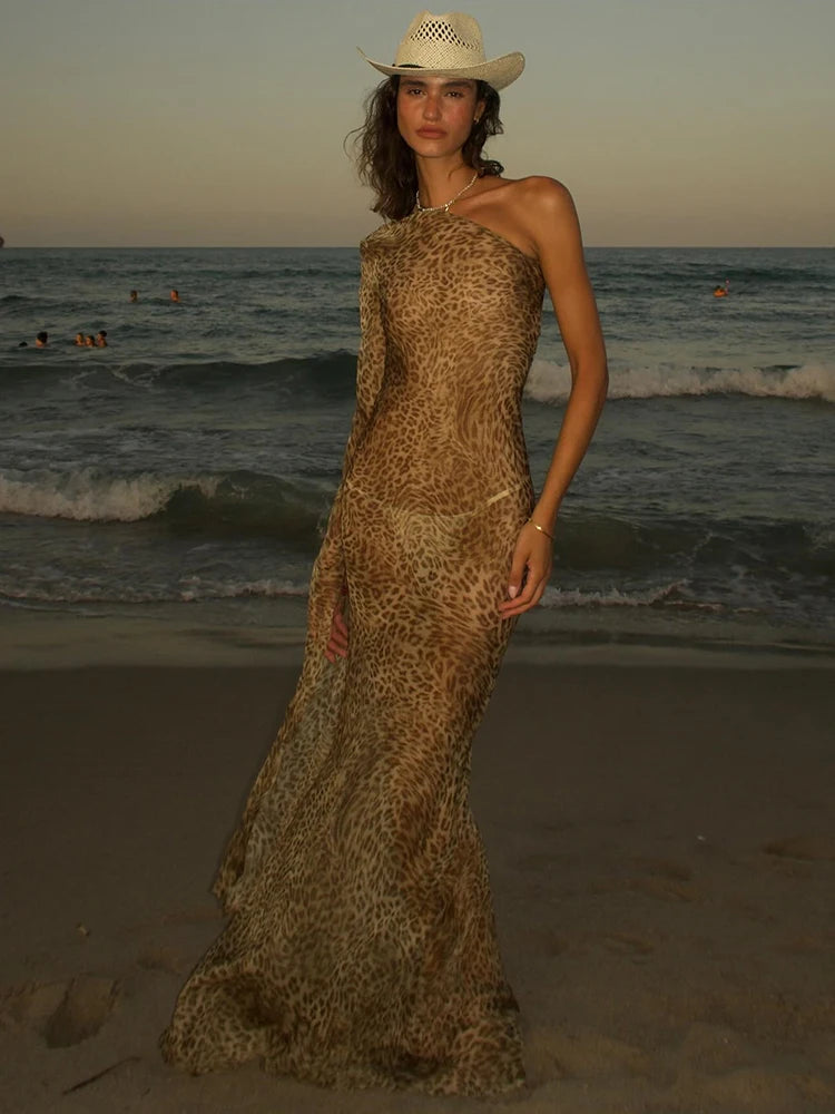 One Shoulder Leopard Print Maxi Dress Women Inclined Shoulder Backless Beach Holiday Vacation Club Sexy Long Dress