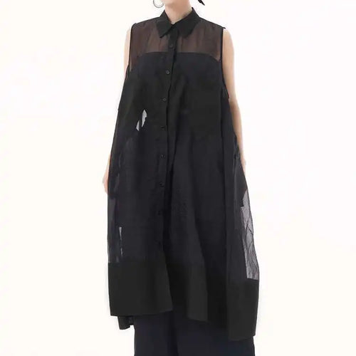 Load image into Gallery viewer, Women Black Mesh Perspective Big Size Long Shirt Dress New Lapel Sleeveless Fashion Tide Spring Summer 2025 1DH9517
