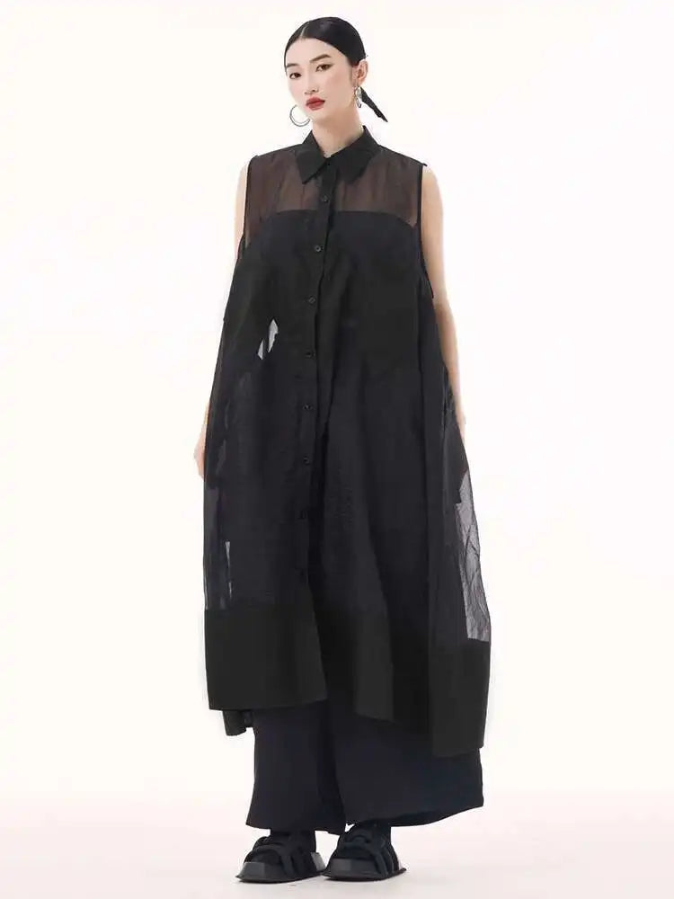 Women Black Mesh Perspective Big Size Long Shirt Dress New Lapel Sleeveless Fashion Tide Spring Summer 2025 1DH9517