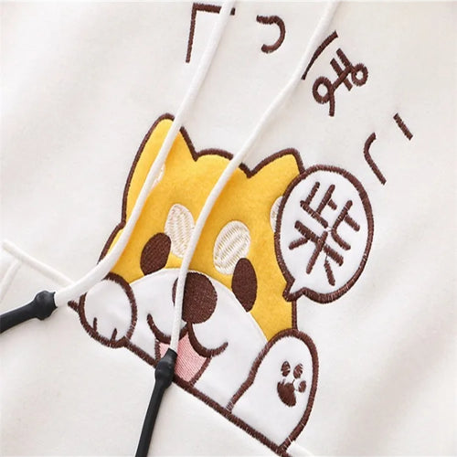 Load image into Gallery viewer, Women Cartoon Dog Embroidery Harajuku Hoodies Sweatshirts 2020 Winter Patchwork Hooded Plus Velvet Pullovers
