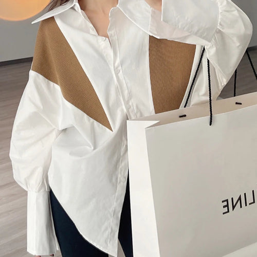 Load image into Gallery viewer, Korean Fashion Straight Shirt For Women Lapel Long Sleeve Patchwork Colorblock Blouses Female Clothing Style
