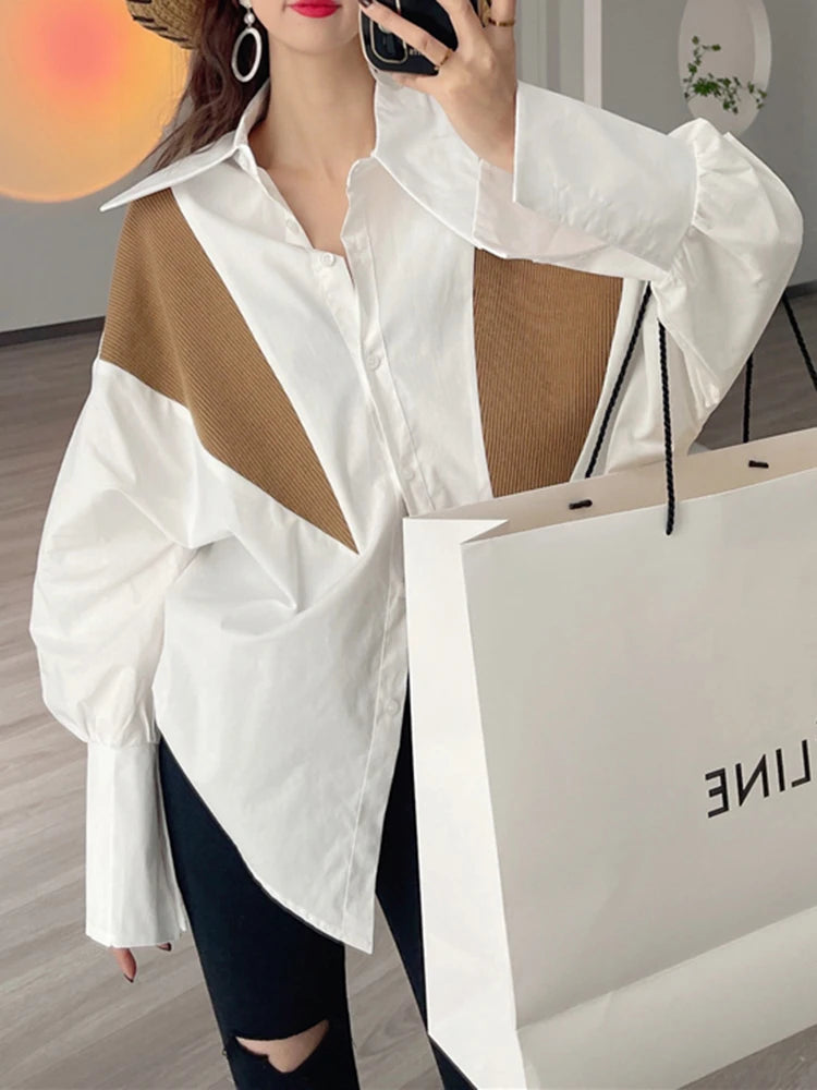 Korean Fashion Straight Shirt For Women Lapel Long Sleeve Patchwork Colorblock Blouses Female Clothing Style