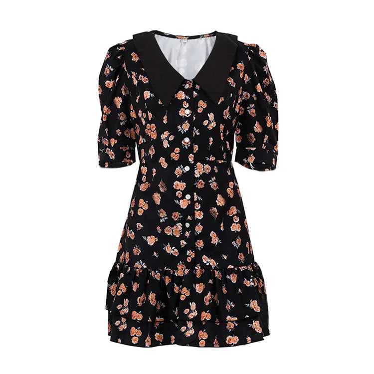 Short Sleeve Floral Mini Dress For Women Robe Turn-down Collar Elegant French Dress Ladies Fashion High Waist Dresses