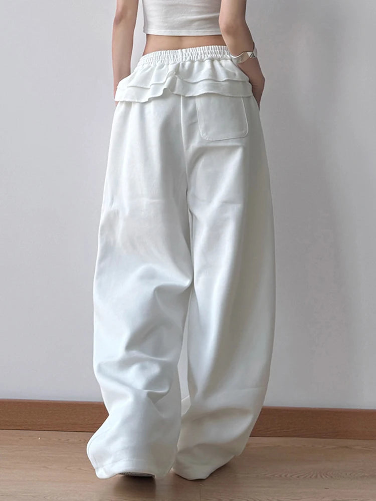High Elastic Waist Gray Ruffles Drawstring Wide Leg Pants New Trousers Women Fashion Tide Spring Autumn 2025 1DH9617