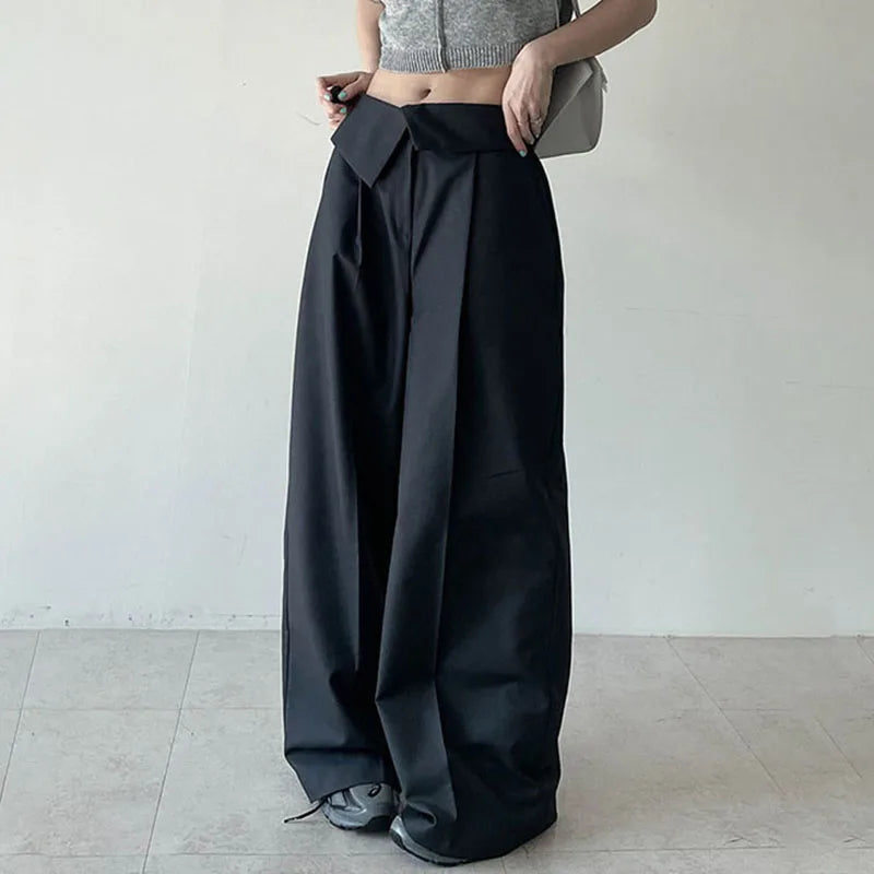 Korean Fashion Straight Suit Pants Solid Basic Harajuku Turn-Down Waist Wide Leg Trousers Folds Baggy Sweatpants 2023