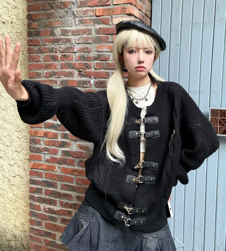 Loose Streetwear Cardigan Women Korean Y2k Aesthetic Solid Knitted Sweater Coat 2025 Belted Button Fashion Black Autumn Knitwear