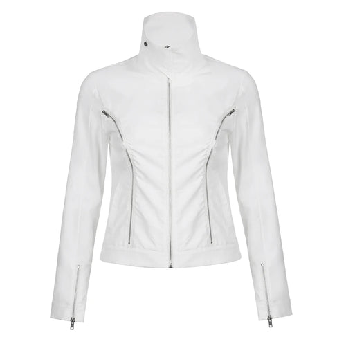 Load image into Gallery viewer, Casual White Basic Zipper Spring Autumn Women Jacket Coat Streetwear Korean Style Turn-Down Collar Jackets Outerwear
