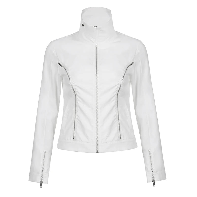 Casual White Basic Zipper Spring Autumn Women Jacket Coat Streetwear Korean Style Turn-Down Collar Jackets Outerwear
