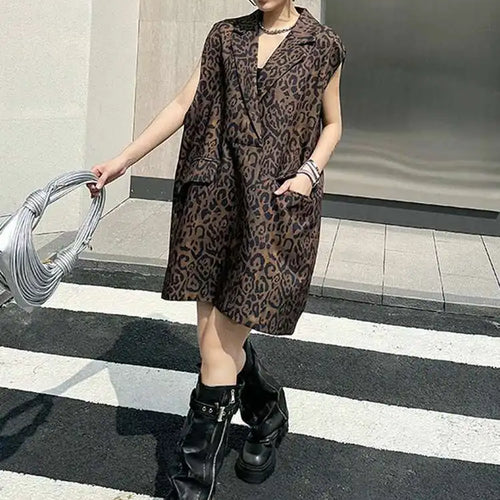 Load image into Gallery viewer, Women Leopard Print Big Size Casual Vintage Mini Vest Dress New Lapel Sleeveless Fashion Tide Spring Autumn 2025 1DH5205
