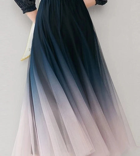 Elegant Tulle Skirts Women High Waist Gradient Mesh Pleated Midi Skirt Korean Elastic Loose Casual All Match A Line Skirt