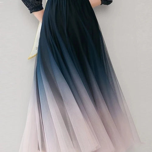 Load image into Gallery viewer, Elegant Tulle Skirts Women High Waist Gradient Mesh Pleated Midi Skirt Korean Elastic Loose Casual All Match A Line Skirt
