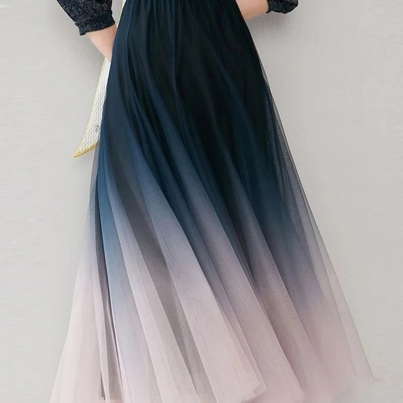 Elegant Tulle Skirts Women High Waist Gradient Mesh Pleated Midi Skirt Korean Elastic Loose Casual All Match A Line Skirt