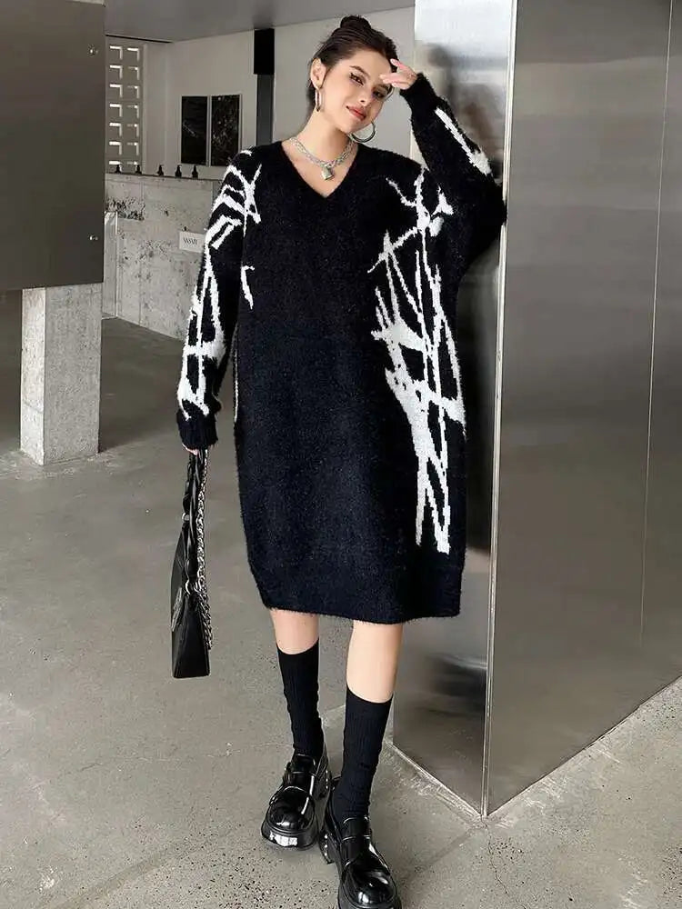 Women Black Pattern Thick Warm Big Size Sweater Dress New V-Neck Long Sleeve Fashion Tide Spring Autumn 2025 1DH8735