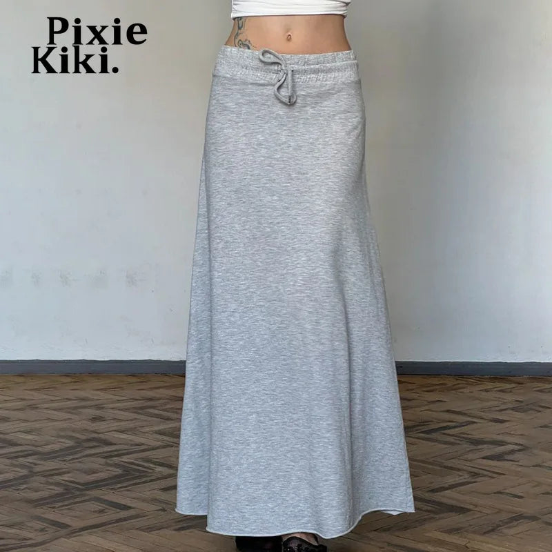 Drawstring Elastic Low Waist Fishtail Maxi Skirt Fall Clothes 2024 Women Casual Grey Knitted Long Skirts P67-CI41