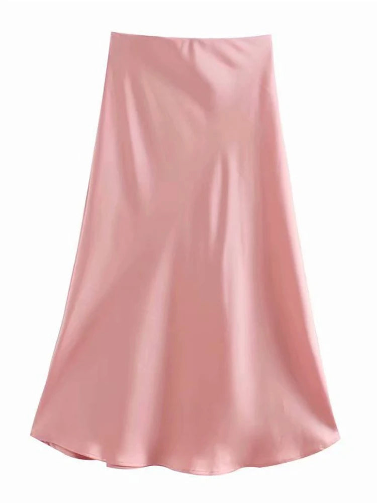 Hot Sale Solid Satin Elastic Waist Women A-Line Skirt Summer Female Slim Falda