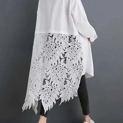Load image into Gallery viewer, Women Black Back Lace Big Size Long Blouse New Stand Collar Long Sleeve Shirt Fashion Tide Spring Autumn 2025 1DH5873
