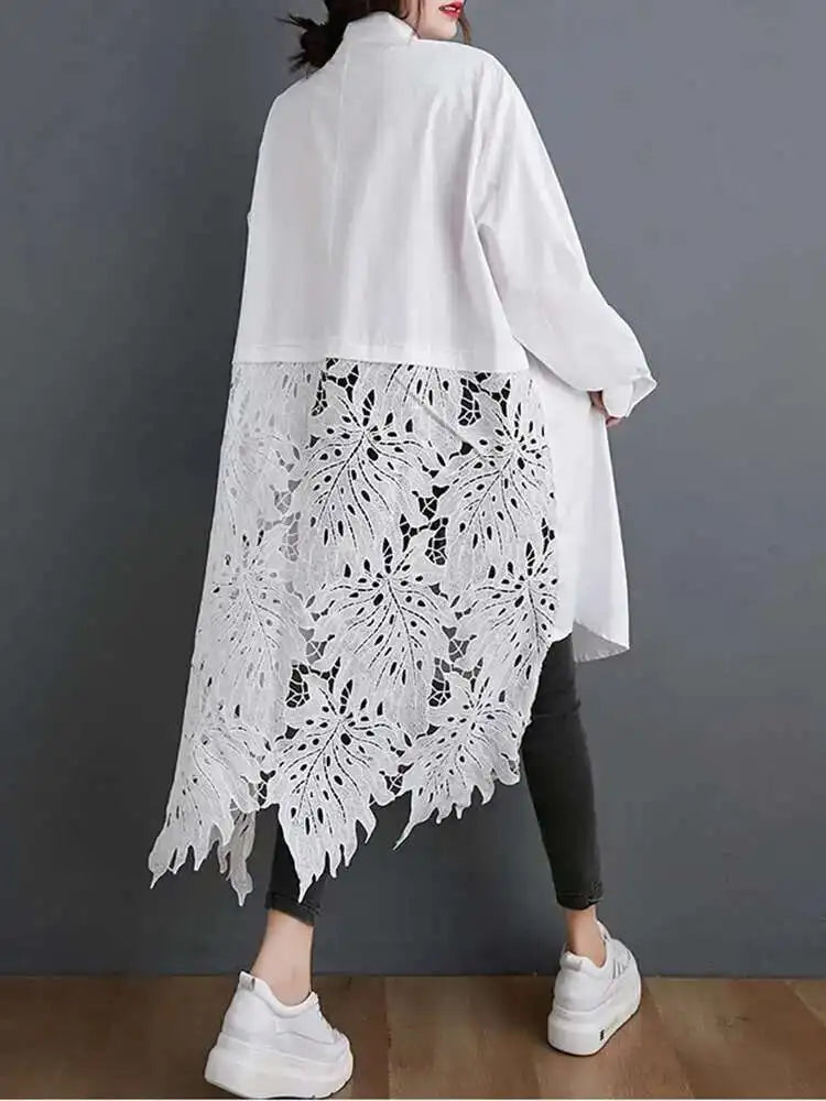 Women Black Back Lace Big Size Long Blouse New Stand Collar Long Sleeve Shirt Fashion Tide Spring Autumn 2025 1DH5873