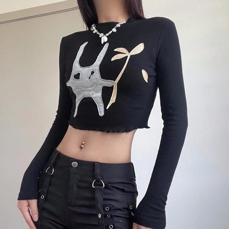 Korean Kawaii Knit Autumn Tee Women Long Sleeve Frill Patches Embroidery Cropped Top Bodycon Casual T shirts Cartoon