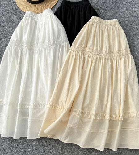 French Vintage 2025 Women's Black White Elegant Pleated A-line Long Skirts Beige High Waist Ruffle Edge Party Half Skirt Spring