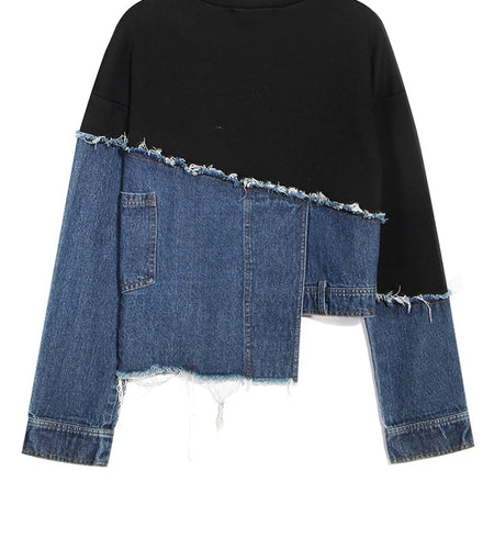 Loose Fit Denim Burr Split Asymmetrical Sweatshirt New Round Neck Long Sleeve Women Big Size Fashion Spring 2025 1M87901