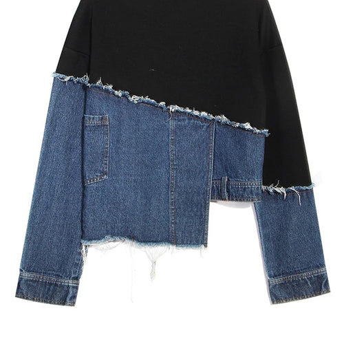 Load image into Gallery viewer, Loose Fit Denim Burr Split Asymmetrical Sweatshirt New Round Neck Long Sleeve Women Big Size Fashion Spring 2025 1M87901
